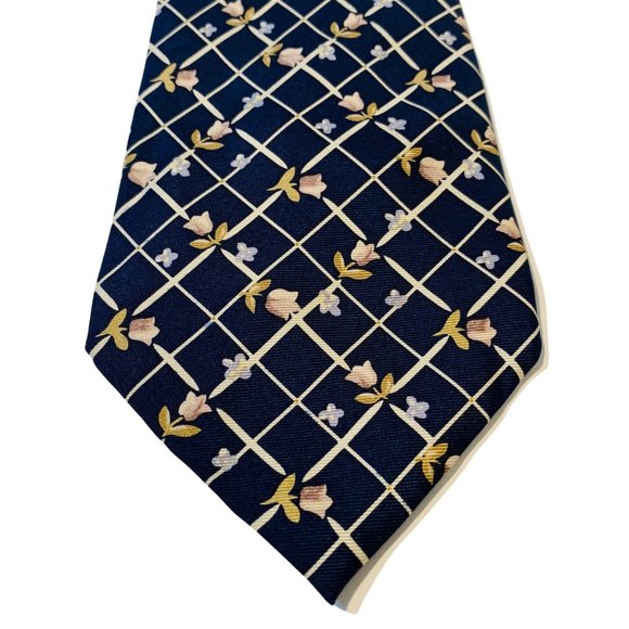 FREE LAND Dark Blue Checked & Floral Print 100% Silk Tie | 57" | Vintage, Men's - Picture 4 of 6